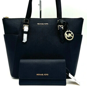 Michael Kors Large Charlotte Tote Bag & Large Trifold Wallet Black/Gold